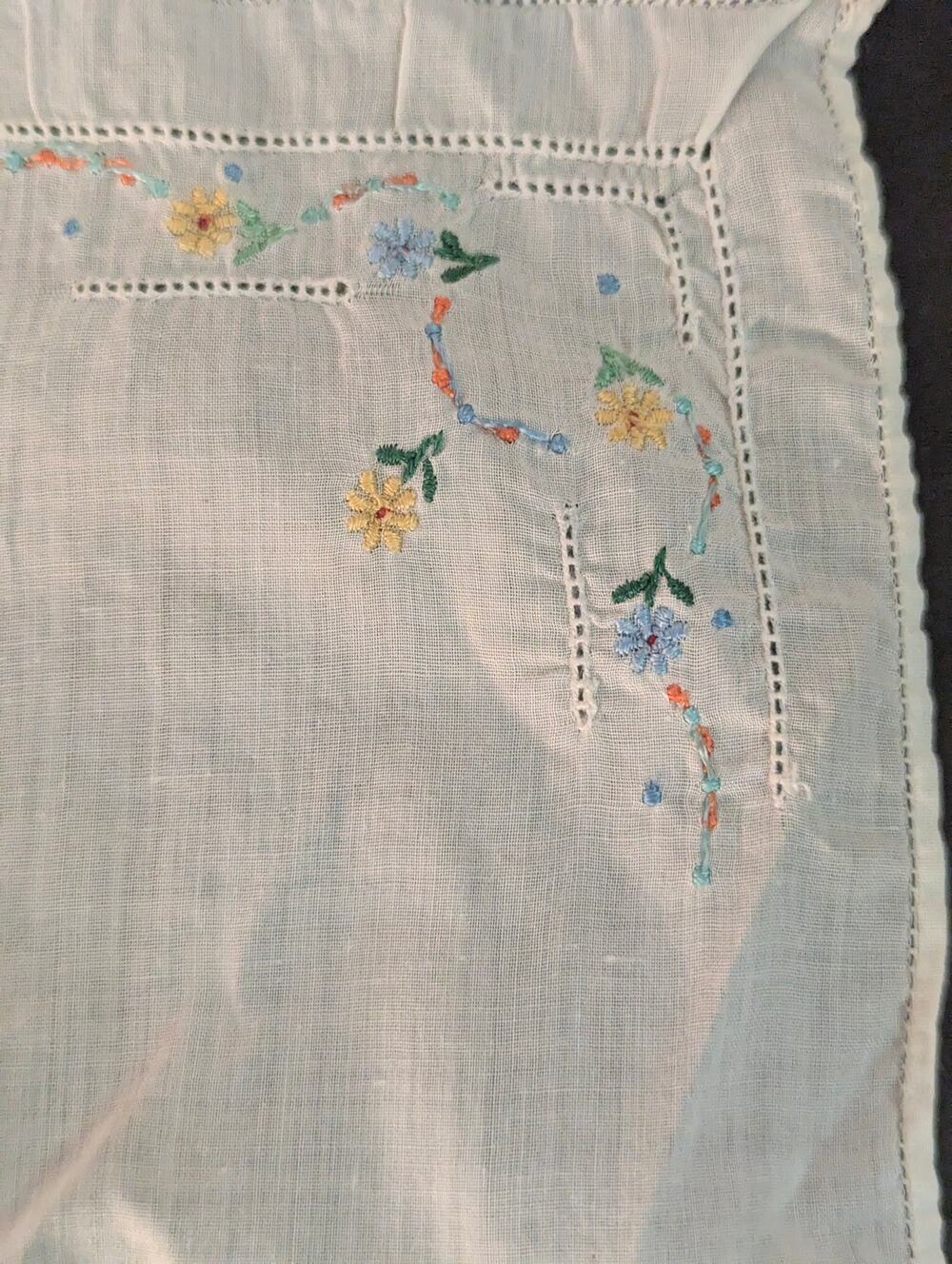 Vintage Embroidered Floral White Handkerchief Pastel Flowers Openwork